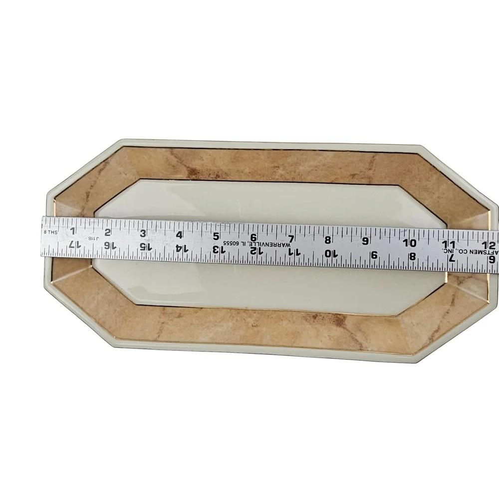 Octagonal Ceramic Serving Tray Marble Pattern Rim Gold Trim Cream Tan 11.5 inch